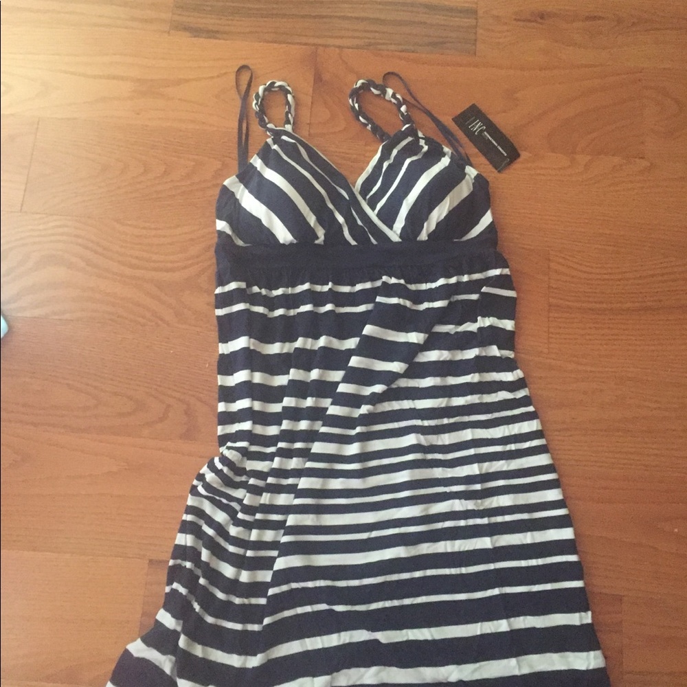 Navy blue and white striped day dress